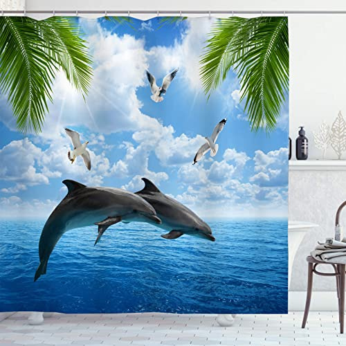 OCEUMACO Rideau de Douche 3D Motif Dauphin Mer Anti Moisissure Rideaux Baignoire Feuillage Oiseaux Imprimé Long Polyester Tissu Imperméable 180x180 cm Lavable Machine avec Anneaux - Bleu