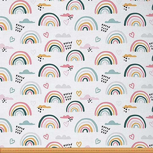 Regenbogen Stoff Meterware Wolken Polsterstoff Cartoon Wolken Regen Dekorationsstoff Kawaii Herz Muster Drinnen Draußen Stoff Bunter Handgezeichneter DIY Kunst Wasserdichter Stoff 276 x 150 (HxB)