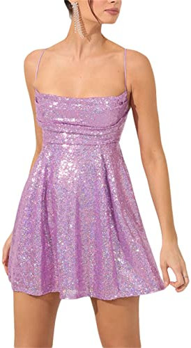 Owegvia Damenkleid mit Pailletten, Spaghettiträger, glänzend, gerüscht, ärmellos, Mini-Schlingenkleid, Glitzer, Cocktailparty, Club, glitzerndes Kleid, violett, L