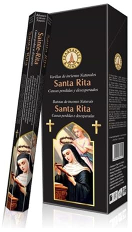120 Räucherstäbchen 6 sechseckige Schachteln x 20 religiöse Räucherstäbchen Düfte & Sens – ungiftig keine kleine Arbeit – mit Namenstag Gebet + gratis Räucherstäbchenhalter Heilige Rita