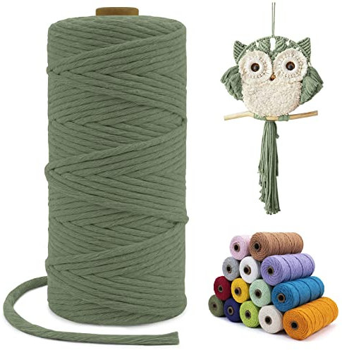 LEREATI Corde Macramé 3mm x 100m, Fil Macramé Simple Torsion Coton Naturelle Ficelle Corde, Cordon Coton pour Rideau Macrame, Porte Plante Mural, Bricolage, Boho Decoration (Vert Armée)