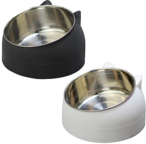 2 PCS Stylish Cat Bowls l Tilted Cat Food Bowl for Food and Water Prevent Whisker Fatigue Vomiting l Stainless Steel Dog Bowls with Plastic Body l Total 800 ml Pet Feeding Bowls (Black + White) Large