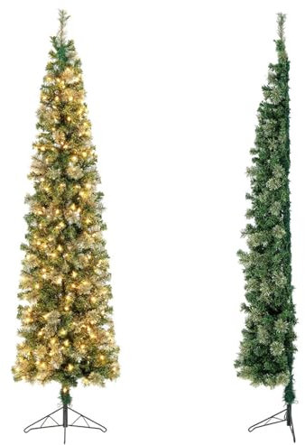 COSTWAY 7FT Pre-Lit Half Christmas Tree, Space-Saving Corner Xmas Trees with 150 LED Lights and Foldable Metal Stand, for Office Home Holiday Decor (Green, PVC + Pine)