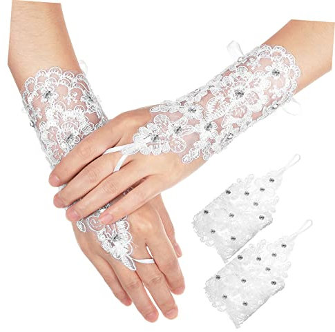 FOMIYES 1 Paar Strass-brauthandschuhe Tanzhandschuhe Handschuhe Für Den Abschlussball Brauthandschuhe Satin Handschuhzubehör Für Damen Schallwand Gittergewebe Die Blumen Brautjungfer Weiß