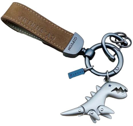 Uoocg Schlüsselanhänger Lederband Autoschlüssel Ring aus Metall mit Dinosaurier-Anhänger Für Frauen Männer (Hellbraun)
