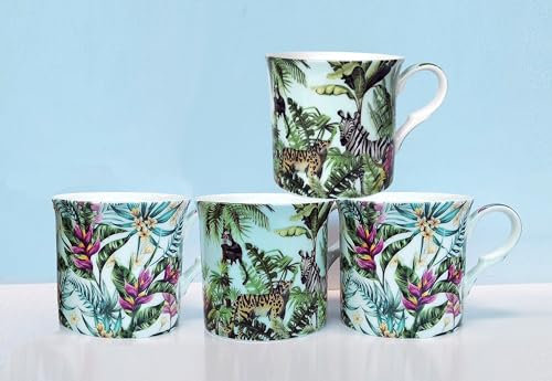 heritage FINE Bone China Set of 4 Mugs Gift Boxed Tropical Safari Design (4)
