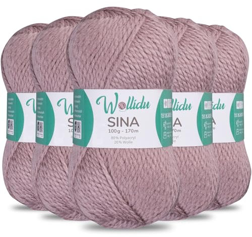 Wollidu Sina Wolle zum Stricken und Häkeln 500g Premium Strickwolle/Häkelwolle Set OEKO-TEX zertifiziert 5 x 100g/170m 80% Polyacryl 20% Schafwolle mulesing-frei - Puderrosa