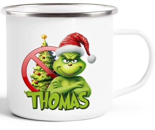 Moonworks® Emaille-Tasse Grinch Weihnachtstasse Mann Frau mit Namen personalisierbar Geschenk lustig Weihnachtsmuffel Grinch emaille-weiß-silber standard