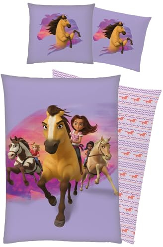 BERONAGE Spirit Untamed Kinder-Bettwäsche Stay Wild 135 x 200 + 80 x 80 cm 100% Baumwolle Biber-Flanell-Qualität Lucky Wildpferd Mädchen Girl Pferde-Bettwäsche mit Reißverschluss Deutsche Größe
