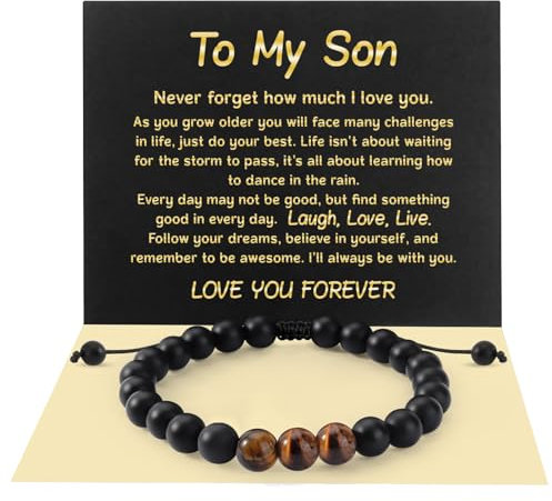 Flongo Bracelet Garçon Perle Tigre: Bracelet Perle Enfant Adolesent Garçon Réglable en Cordon avec Carte de Voeux To my son avec des Mots d'Affection- Cadeau pour l'Anniversaire pour Votre Fils