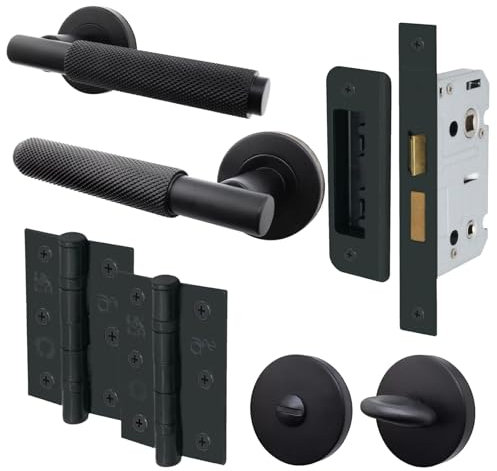 EAI Black Bathroom Door Handle Set | Round Internal Knurled Door Handles, Thumb Turn & Release Set, Lock & Hinges (76mm) | Matt Black Dolton Range