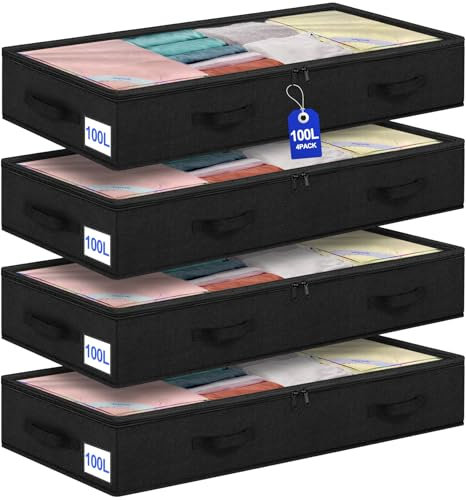 Huquter 100L Under Bed Storage Bag, 4 Pack Extra Large Underbed Storage Boxes with Lids, Reinforced Zip Handle, Foldable Fabric Long Flat Under Bed Storage Bag with Zip for Blankets Clothes Beddings