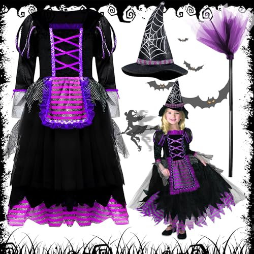 ITMNMNL Disfraz de Bruja Niña,Disfraz Bruja Mágica para Niñas,Disfraz Halloween Niña Bruja,con Accesorios de Sombrero y Escoba,Disfraz Bruja para Halloween,Carnaval,Disfraces Halloween - 5-8 Años