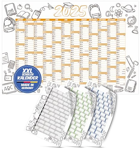 Polymedia Jahreskalender 2025 - Schule Edition, Wandkalender Orange, Schulkalender, Familienplaner Kalender 25, Monatsübersicht mit Feiertagen, Wandplaner, Poster deutsche Sprache, Planer gerollt