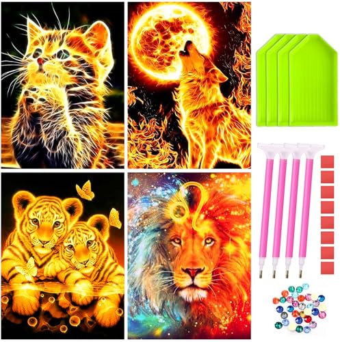 Edonkvi Diamond Painting, 4 Piezas Pintura Diamante Animales para Adultos y Niños, 5d Diamond Painting Kit Completo Gato Lobo Tigre León para La Decoración de la Pared Del Hogar