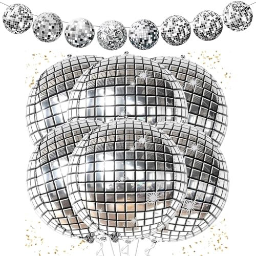 Discokugel Ballon Silber,Discokugel Deko Set mit Disco Luftballons Geburtstag und Girlande, Disco Geburtstag Deko, Discokugel Folienballon für Neujahr Deko, Karneval, 70 80 90er Jahre Disco Deko Party
