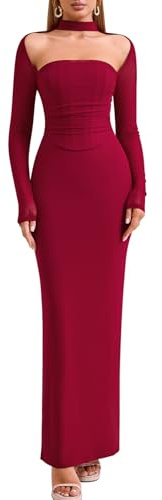 HTZMO Women Fall Long Sleeve Bodycon Maxi Dress Halter Neck Ruched Elegant Wedding Guest Formal Long Dresses