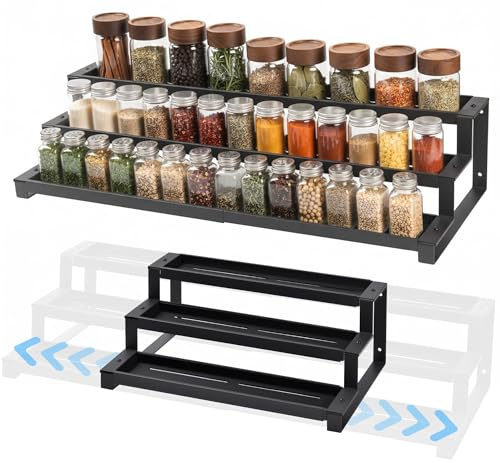 3-Tier Spice Rack Organizer for Kitchen Cabinet or Pantry, 16-29 Expandable Spice Organization Shelf, Seasoning Organizer, Metal Display Shelf, Slip-Resistant Design for Jars and Bottles, Black