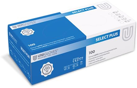 UNIGLOVES - Robuster SELECT® PLUS Latexhandschuh | Puderfrei & lebensmittelecht | Extra griffig dank mirkrogeraute Handfläche | 100 Stück | Einmalhandschuh L