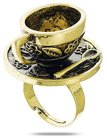 Q&Q Fashion Gold Plated Vintage Fairy Tale 3D Hatter Tea Cup Party Wonderland Cosplay Fancy Dress Ring