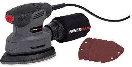 Powerplus Ponceuse à Main Électrique POWE40020-140 W Ponceuse Multifonction, 5 Feuilles de Papier Abrasif, Sac de Collecte des Poussières