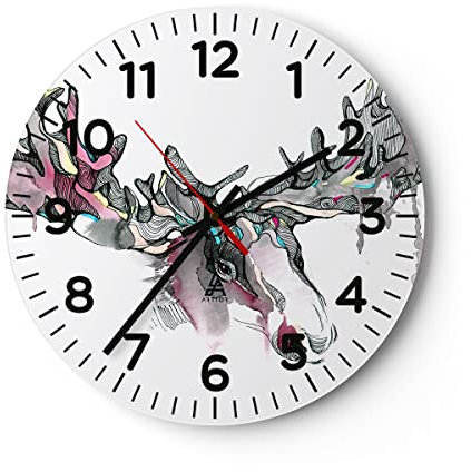 Modern Wanduhr Moose Bunt Kopf Abbildung 40x40cm Rund Groß Wand Uhr Glas Analog Zimmeruhren Küche Büro Wohnzimmer Glasuhr Wall Clock Dekoration Design Wanddekoration Küchenuhr C4AR40x40-3033
