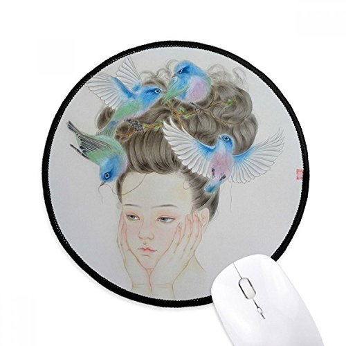 Pretty Girl Blue Bird Peinture chinoise ronde antidérapant Tapis de souris Noir Titched Bords Jeu Bureau Cadeau