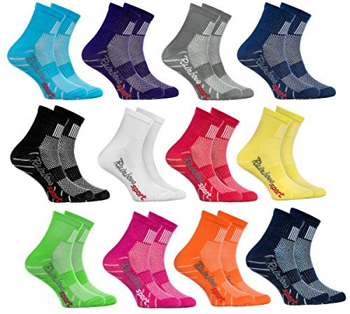 Rainbow Socks - Ragazza Ragazzo Colorate Calzini Sportivi di Cotone - 12 Paia - Rojo Verde Amarillo Blu de Mar Blu Blu Marino Rosa Bianco Negro Grigio Naranja Púrpura - Taglia 30-35