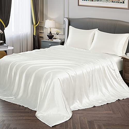 Vonty Satin-Bettwäsche-Set, seidig-weiches Bettlaken + 1 Spannbetttuch für hohe Matratzen + 2 Kissenbezüge, Größe: King, elfenbeinfarben
