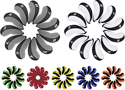 BIG TEETH Golf 11Pcs Iron Head Covers Neoprene Golf Club Protector with Number 3.4.5.6.7.8.9.P.A.S.L Multi Colors (Black and Grey)