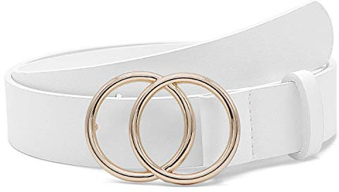 SUOSDEY Ledergürtel weiches Leder Damen Gürtel mit runder Metallschnalle zwei Ringen, Jeansgürtel für Frauen, Weiß mit Goldring, L: Für Hosengröße 96cm-105cm