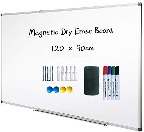 XIWODE Whiteboard, magnetisch, trocken abwischbar, Wandmontage, 120 x 90 cm, leichtes weißes Whiteboard, abwischbar, silberfarbener Aluminiumrahmen mit lackierter Stahloberfläche