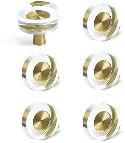 Glass Crystal Knobs Brass Drawer Pull Cabinet Handle Gold Furniture Hardware for Dresser Kitchen (Round)