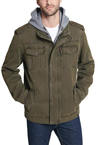 Levi's Men's Washed Cotton Hooded Military Jacket Coat, Olive, L