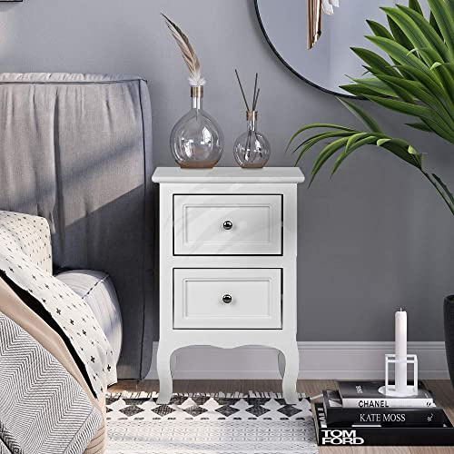 Bonnlo White Bedside Table Cabinet, Small Chest of 2 Drawers, Wooden Night Stand for Bedroom Living Room, 40 x 30 x 60 cm