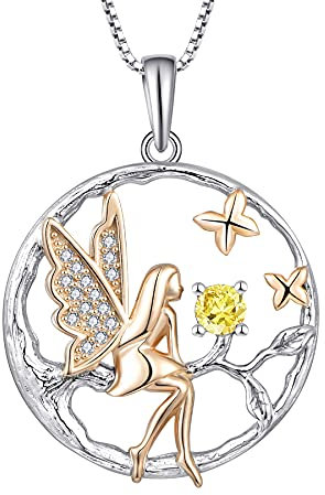 FJ Schutzengel Halskette Anhänger 925 Sterling Silber Engel Kette Damen Fee Schmetterling Baum des Lebens Halskette Citrin November Geburtsstein Kette Schmuck Geschenke für Frauen Mädchen