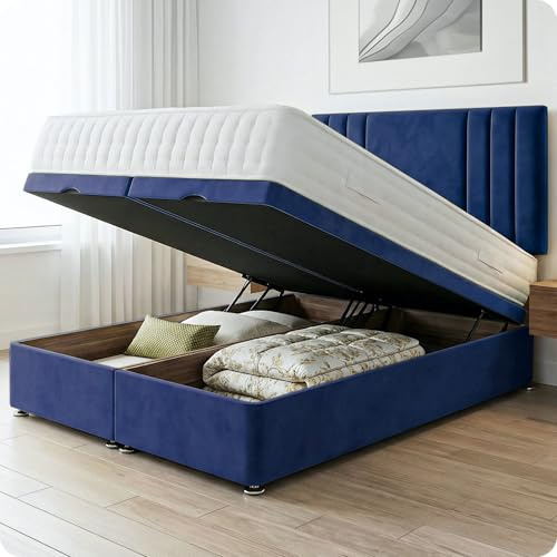 Comfy Deluxe LTD Savannah Ottoman Bed Base - 3FT Single, Blue | Plush Velvet Divan Storage Bed Frame with 26 Inch Headboard | Gas Lift Foot-End Opening | No Mattress Included | UK Made