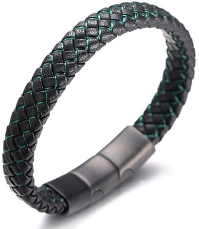 Halukakah Plus ● Jazz ● Herren Echtes Leder Handgemachtes Geflecht Schwarz Mix Grün Armband Titan Mattierter Magnetverschluss Größe Einstellbar 21.5-23cm mit KOSTENLOS Geschenkbox