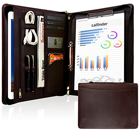 FREI NAME Gravur, Personalisiert Ringmappe a4 Leder, 2 Ring Binder Konferenzmappe, Arbeitsmappe Schreibmappe mit a4 Klemmbrett/Griff, Leather Portfolio, Customized Geschenk, Dunkelbraun