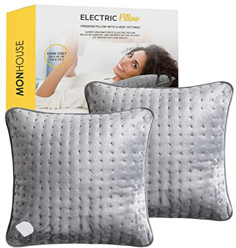 MONHOUSE Heated Pillow Grey Cushion - Super Soft Heating Pad for Neck, Back and Shoulder Pain Relief - Detachable Controller, 3 Heat Settings, Fast Heating Technology, Machine Washable - 45x45cm
