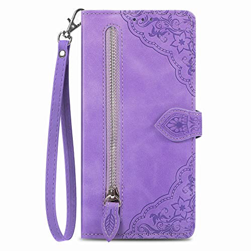 NEXCURIO Custodia a Libro Cover Portafoglio per Samsung Galaxy S23 Ultra 5G Flip Case in Pelle Fiori Donna con Tasca Zip Porta Carte Laccio Supporto Antiurto - Viola