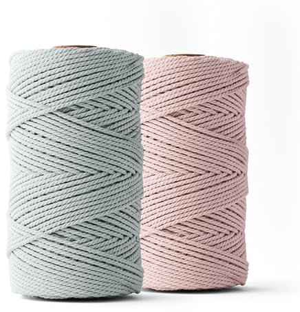 LEDENT Makramee Garn (3mm, 2 x 120M, Set 2 Farben, Hellrosa & Mausgrau) - Doppelt gedrehtes Seil aus 100% Recycelter Baumwolle zum Basteln - Dickes Makramee Garn für kreative Projekte