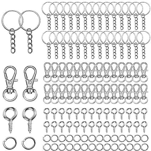 Lot de 120 outils de fabrication de porte-clés, fermoirs mousquetons, anneaux de porte-clés avec chaînes, anneaux ouverts et épingles à œillet à vis Argenté