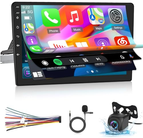 Autoradio Android da 10 pollici a 1 Din con Wireless Carplay e Android Auto, Radio Touchscreen con supporto GPS/BT/SWC/FM + telecamera di backup AHD e microfono