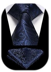 HISDERN Herren Krawatte Hochzeit Marineblau Paisley Krawatten Taschentuch Blumen Elegant Klassisch Krawatte & Einstecktuch Set