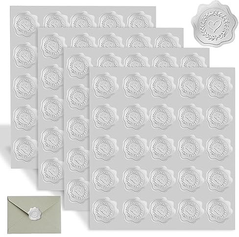 4 Bögen à 100 Stück Silberweiße Wachssiegel Selbstklebend Silberweiße Personalisierte Aufkleber Aufkleber Hochzeit Geprägte Wachssiegel für Umschläge Einladungen Dokumente Grußkarten D-055