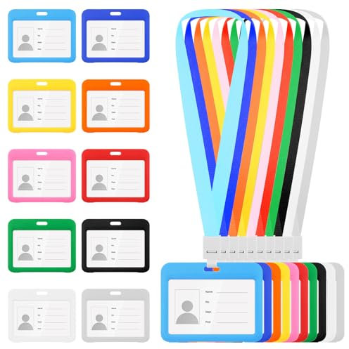 Mardatt 10 Sets Horizontal ID Badge Holder with Lanyard, 10 Colors Waterproof Plastic Name Tag Badge Double-Sided Windows Name Tags Sliding Card Case Card Protector Pouch for Office School