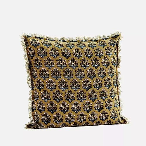 Madam Stoltz Kissenbezug Kissenhülle Kissen mit Fransen in Mustard blau 50 x 50 cm 100% Baumwolle Boho Ethno Vintage
