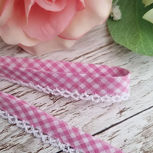 Designer Popeline Schrägband Kariert, Gepunktet Mit Spitze Baumwolle OEKO-TEX Made in Holland (Kariert Rosa)