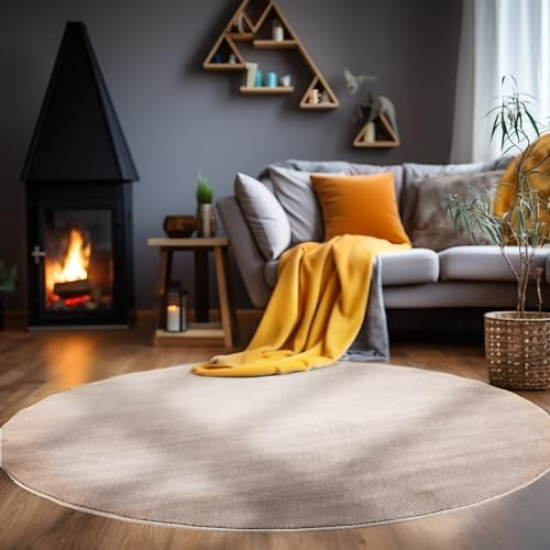 Carpetsale24 Waschbarer Teppich Rund 120 cm Beige Einfarbig Kurzflor Modern Weich rutschfest Pflegeleicht Maschinenwaschbar für Wohnzimmer Schlafzimmer Esszimmer